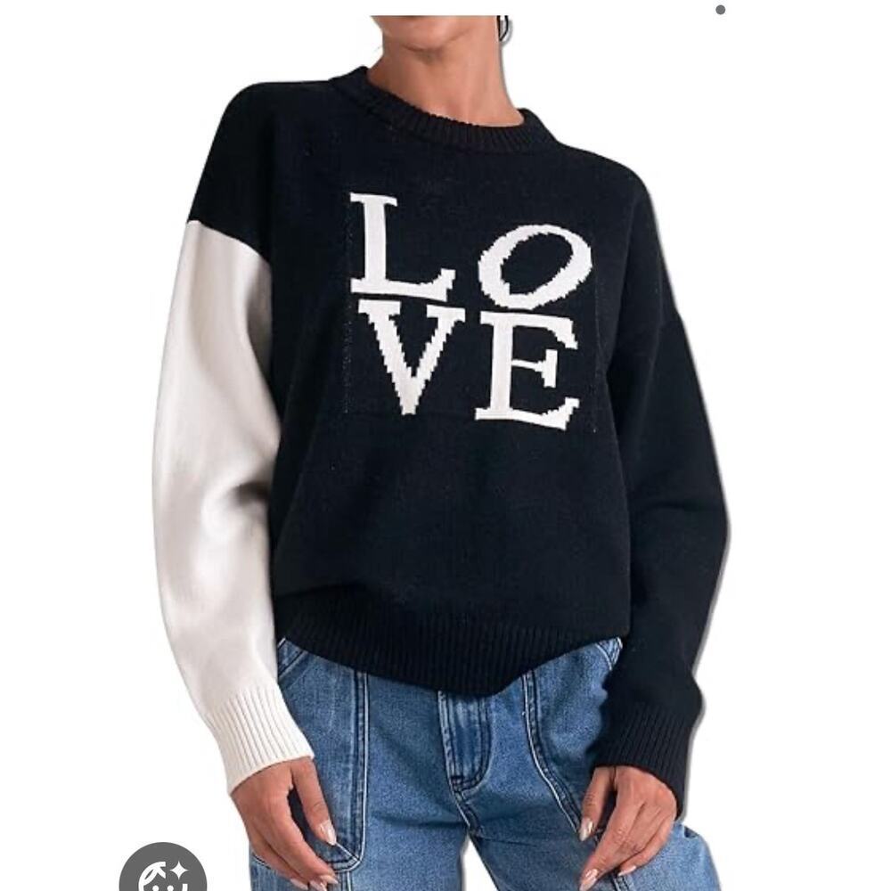 ELAN LOVE Colorblock Black White Long Sleeve Pullover Sweater, Size Large